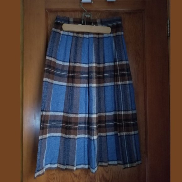 Vintage 70s, kilt skirt, mid-calf, wool blend, blue, browns, Dorethy Perkins - Picture 2 of 7